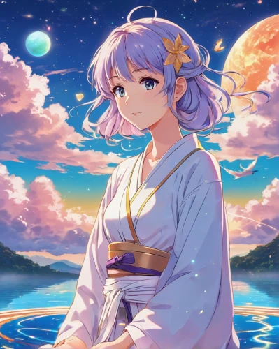 rem in arabian nights,meteora,moon and star background,dusk background,neptune,zodiac sign libra,japanese sakura background,celestial event,libra,starry sky,luna,precious lilac,celestial,sakura background,lunar,monsoon banner,cg artwork,sky,constellation lyre,unicorn background,Illustration,Japanese style,Japanese Style 03