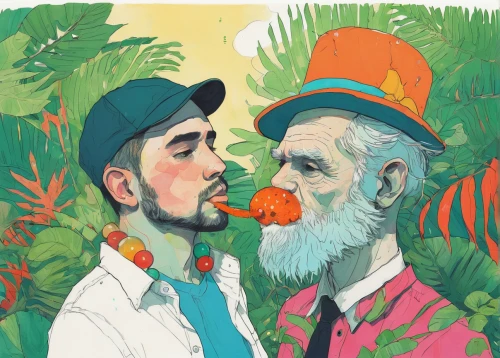 digital illustration,superfruit,old couple,garden of eden,pipe smoking,croquet,tropics,hand-drawn illustration,garden pipe,buds,growers,book illustration,fruity,sniffing,old print,gay love,floristics,gnomes,colorful doodle,beard flower,Illustration,Paper based,Paper Based 19
