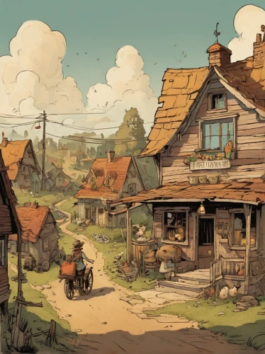 wooden houses,tavern,farmstead,village life,old home,aurora village,knight village,homestead,villages,rural,mountain village,alpine village,little house,witch's house,game illustration,the farm,small towns,cottage,heidi country,popeye village,Illustration,Children,Children 04