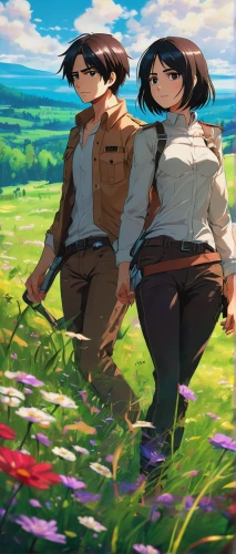 blooming field,falling flowers,in the tall grass,in the field,field of flowers,blooming grass,studio ghibli,travelers,twin flowers,picking flowers,hiyayakko,springtime background,spring background,girl and boy outdoor,hikers,the rice field,holding hands,duo,scouts,flowers field,Conceptual Art,Daily,Daily 21