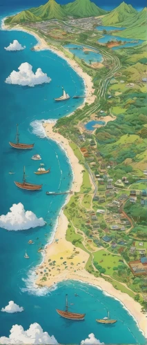 kei islands,honolulu,ishigaki,antilles,hellenistic-era warships,caravel,studio ghibli,south pacific,coastal and oceanic landforms,islands,an island far away landscape,coastal region,polynesia,rapanui,relief map,osaka bay,ascension island,island of fyn,archipelago,tropical sea,Illustration,Japanese style,Japanese Style 14