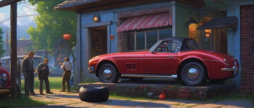 auto repair shop,automobile repair shop,car repair,auto repair,car salon,car mechanic,car boutique,antique car,gas-station,tire service,car service,summer evening,auto detail,garage,car care,petrol pump,car hop,ferrari 166 s,vintage car,auburn speedster,Illustration,Realistic Fantasy,Realistic Fantasy 27