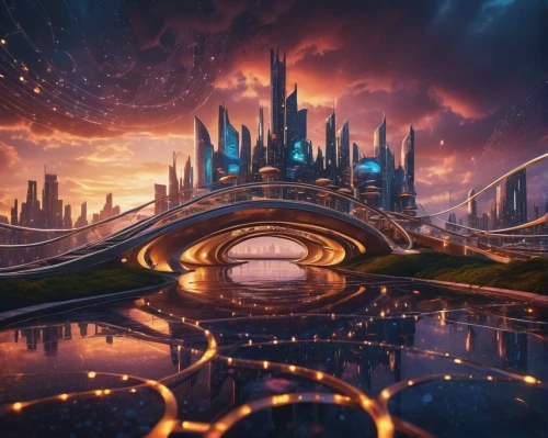 futuristic landscape,fantasy city,fantasy world,fantasy landscape,3d fantasy,atlantis,fantasia,metropolis,utopian,tomorrowland,fantasy picture,dream world,alien world,futuristic architecture,futuristic,stargate,fractal environment,shanghai disney,cg artwork,alien planet,Photography,General,Cinematic