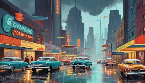 fifties,world digital painting,retro diner,austin cambridge,50s,50's style,manhattan,retro styled,colorful city,cityscape,retro background,rainy,street scene,new york streets,rainy day,aronde,city scape,vintage illustration,fantasy city,boulevard,Illustration,Retro,Retro 12