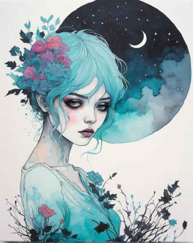 moonflower,blue moon rose,eglantine,moonbeam,blue hydrangea,flora,forget-me-not,faerie,flower fairy,holly blue,girl in flowers,cosmic flower,forget-me-nots,fantasy portrait,sky rose,bloom,fairy queen,beach moonflower,flowers celestial,faery,Illustration,Paper based,Paper Based 19