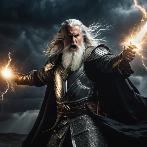 god of thunder,thorin,digital compositing,gandalf,strom,norse,odin,lord who rings,heroic fantasy,visual effect lighting,thor,thunder,wizard,biblical narrative characters,the wizard,photoshop manipulation,litecoin,divine healing energy,man holding gun and light,power icon,Photography,General,Fantasy