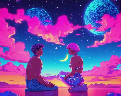 stargazing,the moon and the stars,falling stars,dream world,colorful stars,romantic scene,universe,astronomers,neon ghosts,scene cosmic,night sky,travelers,planets,romantic meeting,neon candies,moons,cosmos,space art,romantic night,celestial,Conceptual Art,Sci-Fi,Sci-Fi 28