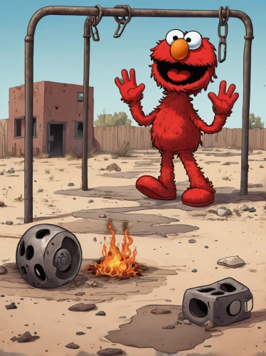 scorch,gumball machine,door to hell,scorched earth,children's soccer,pubg mascot,game art,sesame street,muppet,game illustration,trash land,adventure game,burned out,red sand,post-apocalypse,scrap dealer,action-adventure game,post apocalyptic,scrap collector,metal toys,Illustration,Japanese style,Japanese Style 07