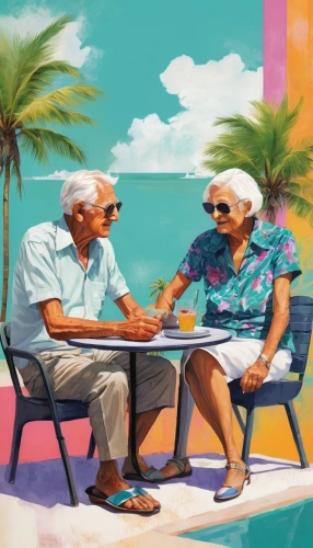 old couple,pensioners,grandparents,beach restaurant,beach goers,old people,flamingo couple,retirement home,elderly people,beach furniture,conversation,beach chairs,pensions,world digital painting,deckchairs,senior citizens,waikiki beach,beach bar,pensioner,retirement,Illustration,Paper based,Paper Based 06