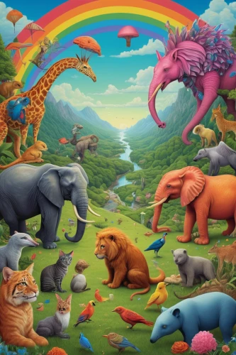 elephants,cartoon elephants,elephants and mammoths,elephant herd,tropical animals,rainbow world map,children's background,deep zoo,rainbow bridge,psychedelic art,rainbow background,forest animals,animals hunting,pink elephant,mural,noah's ark,animal migration,animal world,animals,elephant camp,Illustration,Retro,Retro 16