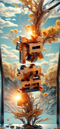 tree house,bookshelf,bookcase,floating island,treehouse,tower of babel,bookshelves,book pages,fractals art,stack of books,parallel worlds,3d fantasy,floating islands,sky apartment,world digital painting,surrealism,tree house hotel,library book,book bindings,book stack