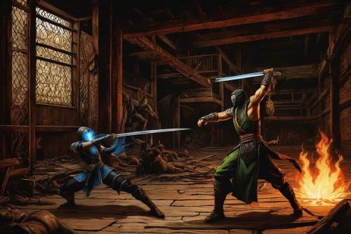 quarterstaff,sword fighting,blacksmith,game illustration,swordsmen,action-adventure game,fighting poses,duel,massively multiplayer online role-playing game,sparring,game art,stage combat,prejmer,splitting maul,assassins,warrior and orc,forge,swords,hammer game,witcher,Illustration,Retro,Retro 19