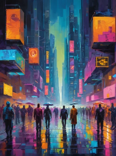 cyberpunk,colorful city,cityscape,metropolis,world digital painting,hong kong,futuristic landscape,pedestrian,night scene,sci fiction illustration,dystopian,city scape,city lights,shanghai,kowloon,cities,citylights,fantasy city,harbour city,ultraviolet,Conceptual Art,Oil color,Oil Color 22