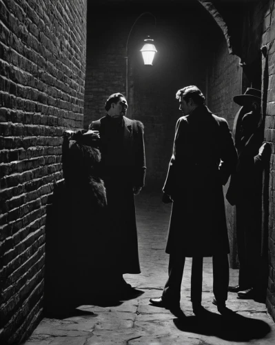 film noir,black city,blind alley,sherlock holmes,overcoat,silent screen,black coat,aventine hill,mafia,jacob's ladder,the morgue,old linden alley,panopticon,dark gothic mood,thoroughfare,in the shadows,lamplighter,wild strawberries,holmes,gas lamp,Photography,Black and white photography,Black and White Photography 11