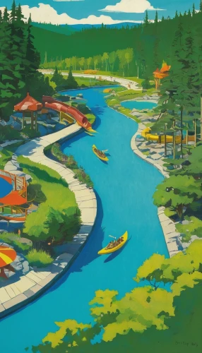 whistler,river landscape,kayaks,canoes,resort town,river pines,a river,floating on the river,maligne river,canoeing,boat rapids,pedal boats,river cooter,campsite,rowboats,waterway,rivers,spa town,floating huts,boat landscape,Illustration,Retro,Retro 07
