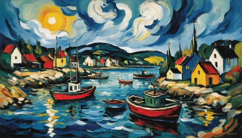 david bates,motif,fishing boats,boats in the port,harbor,vincent van gough,boat landscape,nubble,breton,fishing village,harbour,boats,sailing boats,night scene,small boats on sea,olle gill,boat harbor,post impressionism,nyhavn,row boats,Art,Artistic Painting,Artistic Painting 37