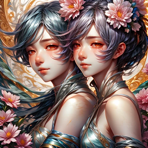 twin flowers,fairies,vintage fairies,chrysanths,wreath of flowers,lilies,flowers celestial,blossoms,falling flowers,hydrangeas,gemini,porcelain dolls,roses daisies,floral wreath,blooming wreath,flower crown,almond blossoms,everlasting flowers,two girls,floral background
