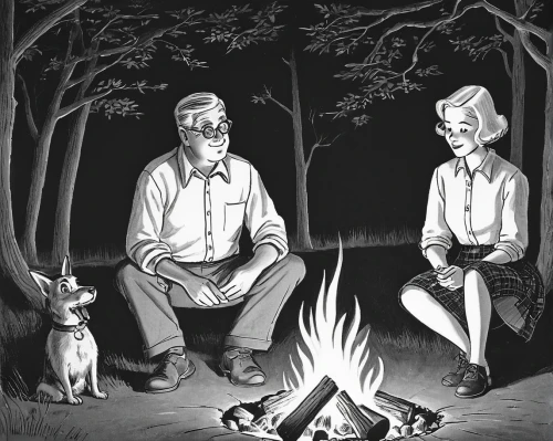 campfire,campfires,camp fire,old couple,camping,fireside,bonfire,charcoal nest,american gothic,burned firewood,bushcraft,campers,wood fire,coloring page,wolf couple,werewolves,halloween illustration,book illustration,boy scouts,companion dog,Illustration,Black and White,Black and White 22