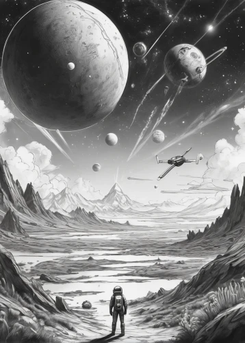 sci fiction illustration,space art,alien planet,lunar landscape,sci fi,earth rise,futuristic landscape,astronautics,exoplanet,alien world,outer space,lost in space,planets,scifi,planet,planet eart,terraforming,orbiting,sci-fi,sci - fi,Illustration,Black and White,Black and White 30