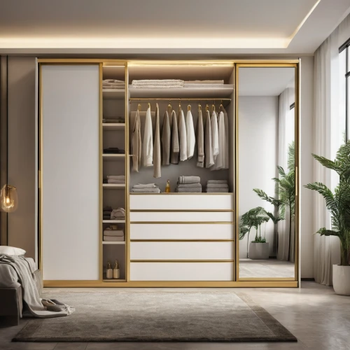 walk-in closet,room divider,gold stucco frame,gold wall,modern room,armoire,closet,modern decor,wardrobe,sliding door,hinged doors,canopy bed,hallway space,interior design,bamboo curtain,modern style,gold lacquer,metallic door,interior modern design,bamboo frame,Photography,General,Natural