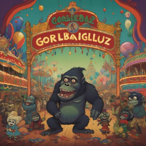 gorilla,cd cover,cougnou,gobelin,coclourful,gorilla soldier,cornales,conga,cannibalize,courgette,parookaville,carousel,album cover,coronaviruses,carnival,cirque,vaudeville,anthropomorphized animals,mandrill,game illustration,Illustration,Retro,Retro 17