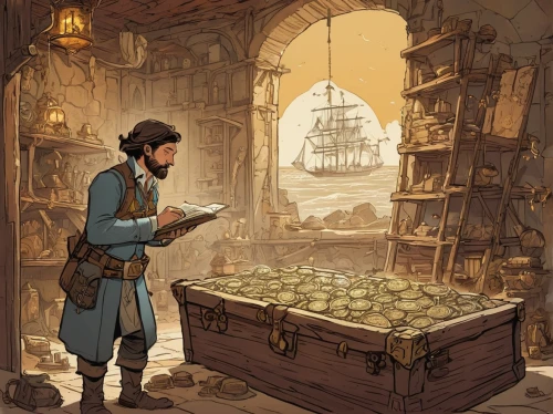 merchant,apothecary,treasure chest,shopkeeper,pirate treasure,treasure hunt,vendor,bookstore,librarian,the collector,game illustration,bookshop,scholar,candlemaker,book store,treasure house,bookselling,bookkeeper,collected game assets,peddler,Illustration,Children,Children 04