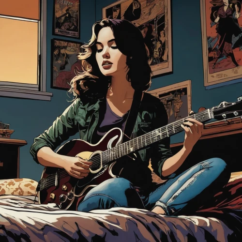 epiphone,playing the guitar,guitar,girl-in-pop-art,mandolin,high fidelity,electric guitar,cool pop art,guitar player,woman playing,jazz guitarist,guitar amplifier,painted guitar,guitars,pop art style,acoustic-electric guitar,slide guitar,comic style,musician,marvel comics,Illustration,American Style,American Style 08