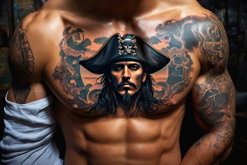 pirate,jolly roger,naval officer,pirate ship,galleon,pirates,skull and crossbones,skull and cross bones,seafarer,mariner,anchor,tattoos,chopper,tattoo,aladin,pirate treasure,with tattoo,tattooed,tattoo artist,anchors,Conceptual Art,Fantasy,Fantasy 15