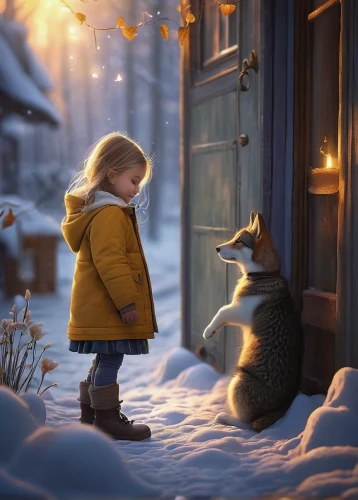 winter animals,snow scene,winter magic,little boy and girl,child fox,winter light,little fox,warmth,boy and dog,winter dream,snowfall,winter mood,winter morning,first snow,magical moment,warm heart,winter,animal film,girl and boy outdoor,cute cartoon image,Photography,Documentary Photography,Documentary Photography 22