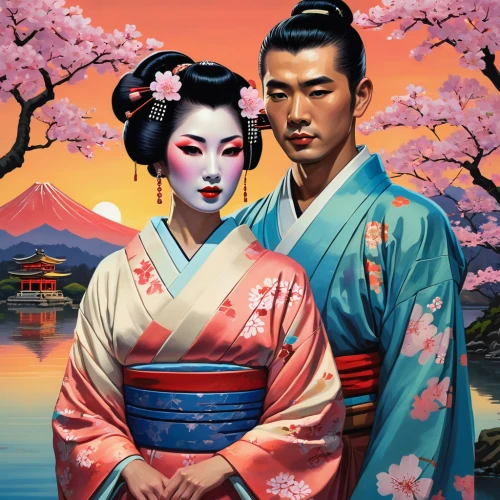 geisha,japanese art,oriental painting,romantic portrait,kimonos,geisha girl,chinese art,the cherry blossoms,japanese culture,oriental,kimono fabric,korean culture,asian culture,plum blossoms,young couple,beautiful couple,cherry blossom japanese,oriental princess,hanbok,cool woodblock images,Conceptual Art,Fantasy,Fantasy 07