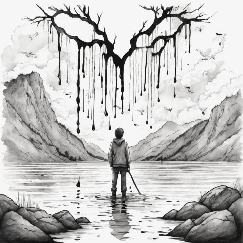 hanged man,brook,barren,sorrow,rooted,devilwood,wall of tears,desolation,ghost forest,broken tree,underground lake,deforested,purgatory,desolate,dead wood,roots,hanged,gray-scale,grief,hand-drawn illustration,Illustration,Black and White,Black and White 34