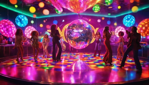 disco,nightclub,prism ball,colored lights,mirror ball,disco ball,dance club,musical dome,discobole,valerian,ufo interior,electric arc,cirque,party lights,ballroom,neon cocktails,cirque du soleil,circus stage,neon candies,stage design,Illustration,Realistic Fantasy,Realistic Fantasy 38