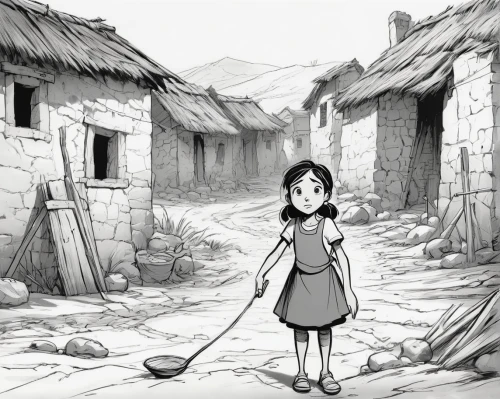 cleaning woman,chores,village life,housework,girl in a historic way,girl walking away,child labour,woman of straw,poverty,housekeeping,scythe,housekeeper,girl with bread-and-butter,the little girl,mud village,rice straw broom,fetching water,hand shovel,village baby,children of war,Illustration,Black and White,Black and White 08
