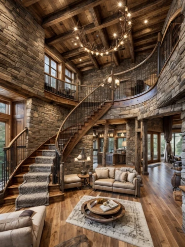 luxury home interior,loft,log home,wooden stairs,wooden beams,log cabin,beautiful home,luxury home,wooden stair railing,crib,rustic,hardwood floors,winding staircase,the cabin in the mountains,family room,interior design,wooden floor,wood deck,luxury property,wood floor,Interior Design,Living room,Farmhouse,American Rustic Retreat