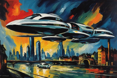 ufos,futuristic landscape,flying saucer,ufo intercept,starship,zeppelins,ufo,saucer,airships,spaceships,futuristic art museum,space ships,space ship,graf-zepplin,unidentified flying object,sci-fi,sci - fi,futuristic,chrysler concorde,uss voyager,Art,Artistic Painting,Artistic Painting 37