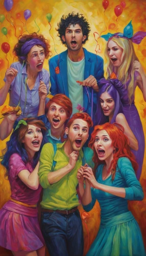 greek in a circle,popular art,pied piper,the girl's face,the pied piper of hamelin,group of people,colorful balloons,oil on canvas,piñata,oil painting on canvas,violet family,children's background,mardi gras,holi,the festival of colors,ginger family,fête,mahogany family,ecstatic,acerola family,Illustration,Realistic Fantasy,Realistic Fantasy 30
