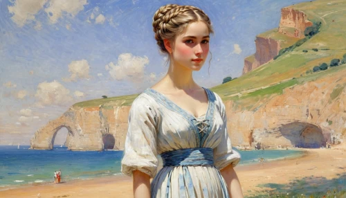 girl in a long dress,woman with ice-cream,girl on the dune,the sea maid,girl with cloth,by the sea,girl on the river,girl in cloth,crimea,young woman,young girl,etretat,girl with bread-and-butter,girl in a long,portrait of a girl,beach landscape,emile vernon,bougereau,la violetta,girl in a historic way,Conceptual Art,Oil color,Oil Color 10