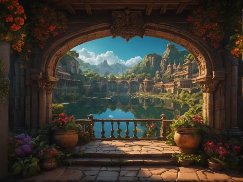 fantasy landscape,fantasy picture,meteora,frame flora,way of the roses,garden door,fantasy art,flower booth,floral greeting,a fairy tale,flower garden,3d fantasy,fantasy world,bastion,hall of the fallen,flower stand,merida,hobbiton,rose arch,wreath of flowers,Photography,General,Fantasy