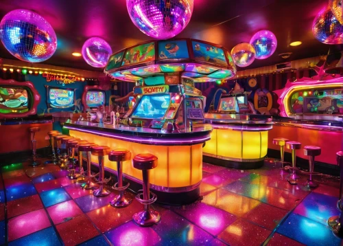 ufo interior,nightclub,retro diner,neon cocktails,liquor bar,unique bar,neon drinks,arcade games,neon light drinks,piano bar,game room,jukebox,pinball,bar billiards,arcade game,neon candies,colored lights,soda fountain,disco,bar stools,Illustration,Realistic Fantasy,Realistic Fantasy 38