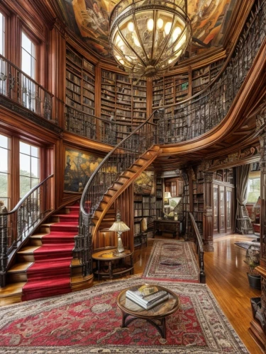 winding staircase,bookshelves,brownstone,reading room,spiral staircase,great room,circular staircase,ornate room,staircase,bookcase,outside staircase,book wall,athenaeum,spiral stairs,old library,luxury home interior,bookshelf,mansion,interior design,luxury property,Interior Design,Living room,Bohemia,Spanish Boho Chic