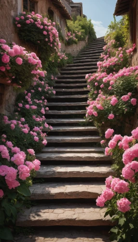 winding steps,pathway,walkway,wooden path,steps,way of the roses,gordon's steps,stairs,bougainvilleas,landscape rose,hydrangeas,stone stairs,stone stairway,wooden stairs,hiking path,flower garden,stairway to heaven,hanok,geraniums,terraced,Photography,General,Natural