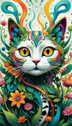 flower cat,flower animal,cat vector,chinese pastoral cat,whimsical animals,feline,psychedelic art,calico cat,animal feline,pachamama,felidae,cat image,breed cat,wild cat,cat sparrow,tabby cat,seamless pattern,bengal,fauna,tiger cat,Illustration,Realistic Fantasy,Realistic Fantasy 39