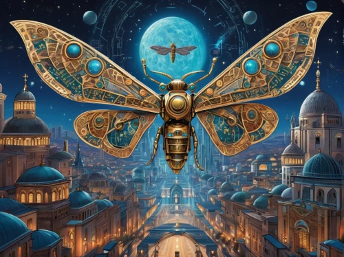 gatekeeper (butterfly),sci fiction illustration,navi,valerian,fantasy art,steampunk,archangel,fantasy picture,mystery book cover,astral traveler,horus,cicada,sphinx pinastri,fantasy city,ancient city,fantasia,zeppelin,pendulum,metropolis,auqarium,Illustration,Realistic Fantasy,Realistic Fantasy 43