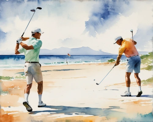 golfers,golf landscape,pebble beach,golf course background,golfer,sand wedge,watercolor background,golf player,golf game,old course,rusty clubs,pitching wedge,foursome (golf),pitch and putt,golfcourse,golfvideo,gifts under the tee,golf clubs,the old course,driving range,Illustration,Paper based,Paper Based 25