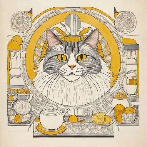 tea party cat,cat vector,vintage cat,oktoberfest cats,coffee tea illustration,cat drinking tea,art nouveau design,chinese pastoral cat,domestic cat,capricorn kitz,cat portrait,heraldic animal,drawing cat,cat sparrow,cat line art,adobe illustrator,marmalade,whisk,cat coffee,tabby cat,Illustration,Retro,Retro 05