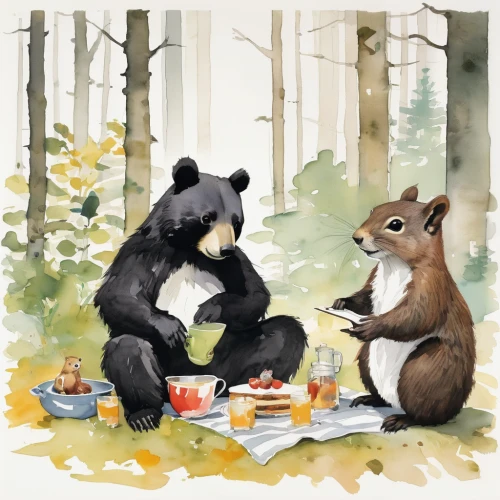 picnic,teatime,fall animals,bear cubs,woodland animals,book illustration,forest animals,dinner for two,anthropomorphized animals,tea party,whimsical animals,black bears,greetting card,the bears,bears,game illustration,greeting cards,romantic dinner,greeting card,afternoon tea,Art,Artistic Painting,Artistic Painting 24