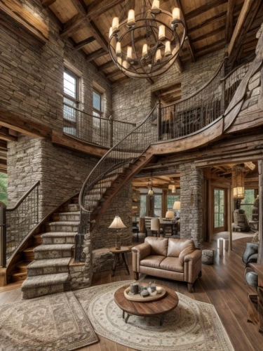 loft,log home,wooden stairs,luxury home interior,beautiful home,rustic,wooden beams,winding staircase,log cabin,crib,great room,wooden stair railing,interior design,family room,wooden floor,the cabin in the mountains,luxury home,brownstone,large home,hardwood floors,Interior Design,Living room,Farmhouse,Spanish Rustic
