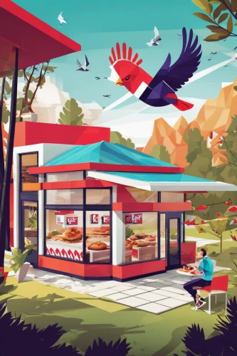 retro diner,mid century house,fast food restaurant,mid century modern,bird kingdom,bird bird kingdom,drive in restaurant,domestic bird,houses clipart,pigeon house,mcdonalds,chicken coop,convenience store,food hut,travel trailer poster,holiday home,mobile home,holiday motel,mcdonald's,home landscape,Illustration,Vector,Vector 17