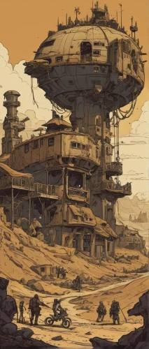 post-apocalyptic landscape,wasteland,post apocalyptic,floating islands,mushroom island,artificial island,futuristic landscape,ancient city,scifi,gunkanjima,sci - fi,sci-fi,sci fi,concept art,airships,colony,floating island,mud village,post-apocalypse,apiarium,Illustration,Children,Children 04