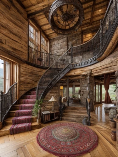 winding staircase,wooden stairs,circular staircase,wooden stair railing,spiral staircase,outside staircase,log home,staircase,hardwood floors,wooden floor,crib,wooden beams,log cabin,spiral stairs,wood floor,beautiful home,mansion,two story house,loft,patterned wood decoration,Interior Design,Living room,Farmhouse,Andean Warmth
